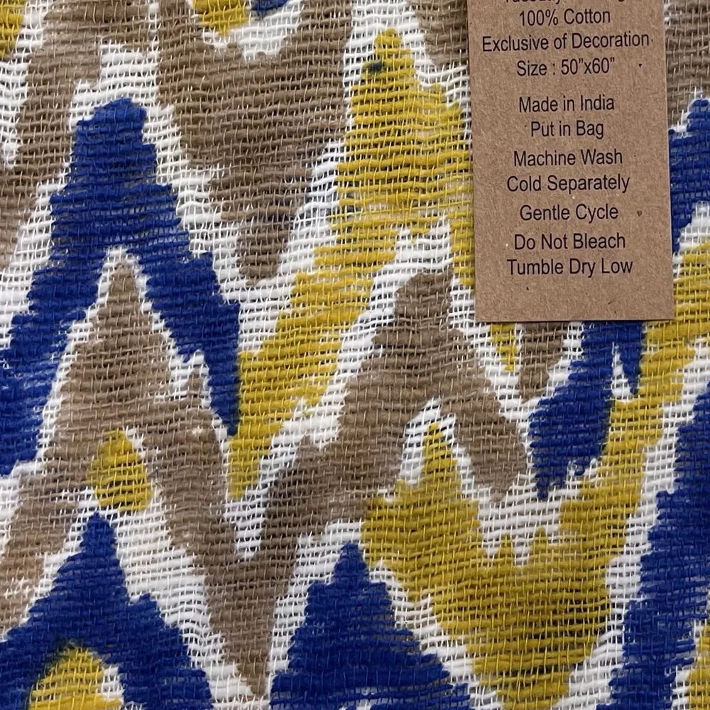 India NWT Hand Printed 50”x60” Cotton Jeweled Throw Made In India Pom Poms